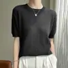 Top de punto de seda helada hueco con cuello redondo de manga corta para mujer, estilo casual para primavera y verano, corte holgado, versátil, transpirable y adecuado como capa base