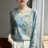 Blusa de Tricô com Estampa Lyocell Tencel Decote V, Nova Primavera/Verão Leve Pulôver Manga Longa Camisa Básica para Mulheres