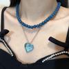 Colar Dupla Camada com Pingente de Coração Azul com Contas Estilo Cool da Moda Corrente de Clavícula Elegante de Luxo Leve de Alta Qualidade