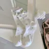 Calcetines de Punto Fino con Lazo Floral Dulce para Mujer, Estilo Veraniego Delgado, Estilo Coreano con Etiquetas de Tela, Borde de Encaje, Calcetines Fruncidos