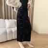Novo estilo chinês Qipao botão de sapo inverno saia longa feminina padrão bambu jacquard espessado fenda lateral veludo meia-saia feminino salário