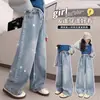 Calça Jeans Reta com Strass para Meninas, Estilos Primavera, Outono e Inverno, Nova Tendência 2026 Calça Wide Leg para Crianças Maiores e Estudantes
