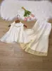 Conjunto Hanfu Melhorado Infantil para Meninas, Top Sem Mangas Estilo Chinês e Calça de Chiffon Wide-Leg, Conjunto de Duas Peças Fino para o Verão