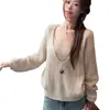 Conjunto de suéter com decote V e top vazado feminino outono novo estilo coreano cardigan de tricô preguiçoso senso de design camisola conjunto de duas peças