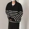Suéter de punto de manga larga con solapa para hombre, otoño, estilo coreano, holgado, retro americano, casual, con media cremallera, top de suéter a rayas, moda