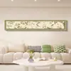 Pintura Decorativa para Sala de Estar Estilo Crema Francesa Ligera Flor y Pájaro Verde Banderín Estrecho Largo Colgante de Pared Mural de Alto Nivel