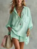 2026 Moda de Verano Nueva Europea y Americana Transfronteriza Conjunto de Shorts de Playa con Bolsillos y Camisa de Algodón y Lino para Mujer