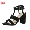 LiuFu Nuevo Estilo Europeo y Americano En Stock Punta Redonda Modernas Talla Grande Borla Tacón Alto Zapatos de Mujer Hebilla Sandalias de Mujer