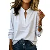 Directo de la fábrica de origen, exclusivamente para ventas transfronterizas: camisa de manga larga para mujer con cuello mao, corte simple y holgado, cuello en V, estilo pullover, estampado de lunares, adecuada para el trabajo y el uso diario