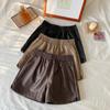 Pantalones Casuales Rectos Versátiles de Otoño e Invierno para Mujer, Shorts Anchos Holgados Petite, Shorts Botineros de Cuero PU Color Café de Cintura Alta Elásticos