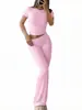 Roupas Europeias e Americanas para Mulheres Transfronteiriças Amazon Primavera e Verão 2026 Novo Comércio Exterior Casual Cor Sólida Slim-Fit Manga Curta Conjunto de Calças Longas para Mulheres