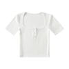 Camiseta de manga corta de color liso con tres botones y cuello cuadrado para mujer, estilo europeo y americano, sexy, ajustada, de verano
