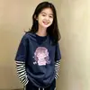 Camiseta de manga larga de algodón puro para niña, look de dos piezas para primavera y otoño, cuello redondo, camiseta básica elegante, top a rayas de moda versátil estilo coreano