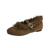 Zapatos Mary Jane Retro Plus de Terciopelo con Tacón Oculto para Mujer, Temporada Otoño/Invierno, Moño de Piel de Cordero, Calidez, Zapatos de Algodón Calientes de Ballet