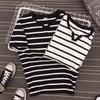 Camiseta de Manga Curta Listrada com Decote V Verão Roupa Feminina Versão Slim Tamanho Grande Pulôver Elástico Boutique Roupa Estudantil