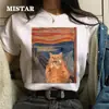 Camiseta Transfronteiriça 180Gt Feminina Gato Estampa Pintura a Óleo Interessante Gráfica T-Shirt Verão Manga Curta Casual Top Branco Harajuku