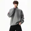 Suéter Gola Alta com Zíper Parcial Color Block Listrado Estilo Old Money para Homens e Mulheres, Caimento Solto e Relaxado, Tricô Plus Size para Outono e Inverno