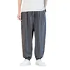 Comercio Exterior Transfronterizo Moda Japonesa y Coreana Pantalones Cortos Sueltos Rayados de Algodón y Lino para Hombre, Transpirables, Anti-arrugas, Pantalones Jogger Harem Retro