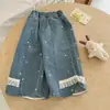 Calça jeans infantil para meninas, novo estilo francês de outono, calça de outono lavada para crianças, calça reta para bebê menina com acabamento em renda, moderna