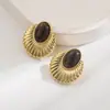 Brincos He Ming Fashion Estilo Palácio Francês Padrão Geométrico Diamante Oval Pedra Olho de Tigre Esmaltada Brincos com Pino de Prata S925