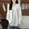 Suéter de Punto Grueso de Lana Pura con Punto de Siete Agujas, Cuello en V, Manga Larga, Color Sólido, Casual para Mujer, Invierno 2026
