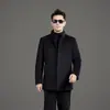 Casaco masculino de cashmere dupla face com gola alta, comprimento médio, com forro acolchoado de plumas, peça externa de mistura de lã e um estilo para meia-idade com gola de mink.