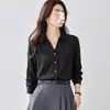 Camisa de Satín para Mujer Primavera y Otoño 2026, Manga Larga Holgada, Elegante, Textura Vertical, Botón Metálico, Blusa de Chifón Adelgazante de Moda