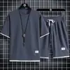 Conjunto casual de tricô waffle para homens, camiseta casual de manga curta soltinha de verão para homens combinada com shorts esportivos estilosos/peça
