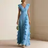 Ropa de Verano para Mujer 2026 Transfronteriza Europea y Americana Nuevo Estilo Elegante Color Sólido Cuello en V Cintura Ceñida Vestido con Volantes