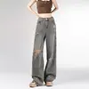Jeans Rectos Desgastados Retro para Mujer Primavera 2025 Nuevo talla extra chica gordita Adelgazantes Sueltos de Cintura Alta Pierna Ancha