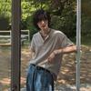 Camiseta de Manga Curta com Gola Henley Waffle Masculina Verão Americano Casual Nova Top Solta e Versátil Camiseta Simples