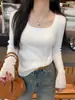 Otoño Invierno Blanco Cuello Cuadrado Manga Larga Camiseta Base para Mujer Ropa Interior Primavera Otoño Nuevo Ajuste Delgado Top de Punto