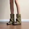 Versão em couro macio ~ Patchwork estilo deserto, modernas, botas western retrô para mulheres, com design em lona, tiras e detalhe de laço, em estilo de bota curta