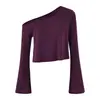 Camiseta Asimétrica de Hombro en Lyocell para Mujer, Otoño 2026, Tendencia Irregular Off-Shoulder Holgada Corta Cropped Manga Larga