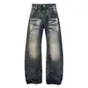 Jeans curvos con estampado de rayos estilo americano para hombre, corte holgado, marca de moda urbana, lavados, desgastados, con efecto blanqueado, pantalones largos de pierna ancha