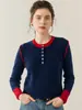 Nuevo Suéter de Cachemira Pura para Mujer Otoño e Invierno con Cuello Redondo Grueso, Mangas de Color Contrastante, Medio Botones, Canalé, Tejido Cálido