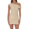 Vestido ajustado de lentejuelas doradas sin hombros, estilo europeo y americano, de un solo hombro, que se ajusta a la cadera, sexy, corto, para mujer, corte ceñido