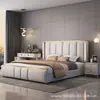 Cama matrimonial de estilo lujo ligero en piel Nappa, dormitorio de alta gama con luces y cabecero tapizado, cama grande con almacenamiento multifuncional, cama de bodas