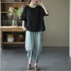 2026 Novo Estilo Artístico Simples Casual Manga Curta Camiseta para Mulheres Verão Solta e Versátil Cor Pura Casual Pulôver Top para Mulheres