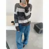 Camisa Base Rayada Bloque de Color Estilo Perezoso de Gama Alta para Mujer, Nuevo Suéter de Punto Holgado de Cuello Redondo para Primavera y Otoño para Mujer