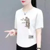 Camiseta Nova Estilo Manga Curta Solta para Mulheres de Meia-Idade e Idosas, Top Casual Emagrecedor Estilo Chinês Estampado para Comércio Exterior Transfronteiriço