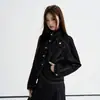 Chaqueta de mezclilla para mujer, azul oscuro, con cuello alto, hombros caídos curvos, diseño segmentado, estilo de principios de otoño, holgada, casual, versátil