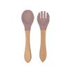 Garfo e Colher de Silicone com Cabo de Madeira para Bebê Utensílios de Mesa Infantis Suplemento Alimentar de Treinamento para Bebês Cabo de Madeira Silicone Macio Colher e Garfo Podem Morder Portátil