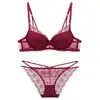 Conjunto de lingerie sexy de renda transfronteiriço para mulheres, decote V profundo estilo francês, realce para seios pequenos, conjunto de sutiã push-up com suporte lateral