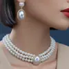 Collar Gargantilla Cadena Clavicular de Aleación Coreana Multicapa con Perlas y Pedrería, Diseño Moderno, Collar Corto de Pedrería al por Mayor