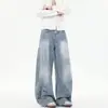 Jeans de corte holgado para hombre, bordados con dibujos, de pierna curva, con lavado retro americano y diseño de pierna ancha, perfectos para uso casual en las temporadas de primavera y otoño 2025