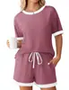 Ropa de Mujer Transfronteriza Europea y Americana Verano 2026 Nuevo Moda Amazon Color Sólido Canalé Bloque de Color Manga Corta Conjunto de Ropa para Estar en Casa