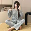 Pijama nuevo de primavera y otoño para mujer, estilo coreano, dulce cárdigan de algodón estilo Ins, manga larga, pantalón largo, ropa casual para el hogar, se puede usar fuera