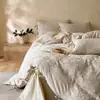 Conjunto de cama de quatro peças em algodão puro e linho estilo retrô, capa de edredom e lençol de jacquard acetinado 100% algodão, roupa de cama de verão absorvente de umidade e respirável