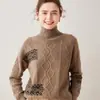 Suéter de Gola Alta Meia-Estação Outono/Inverno 2026 para Mulheres, Solto de Cashmere com Padrão de Losangos, Versátil, Aconchegante, Tricô Básico